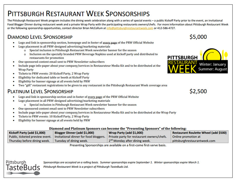 Sponsor the Celebration Pittsburgh Restaurant Week