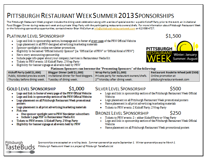 Sponsor the Celebration Pittsburgh Restaurant Week